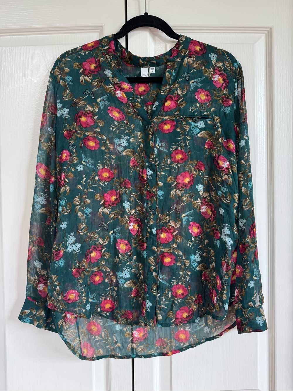 Kut from the Kloth Teal Sheer Floral Button-Front Blouse